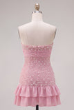 Balck Strapless Pearls Bodycon Short Homecoming Dress with Bow