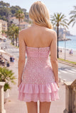 Balck Strapless Pearls Bodycon Short Homecoming Dress with Bow
