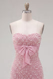 Balck Strapless Pearls Bodycon Short Homecoming Dress with Bow