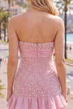 Balck Strapless Pearls Bodycon Short Homecoming Dress with Bow
