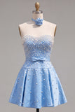 Blue Sweetheart Pearl A Line Short Homecoming Dress with Choker