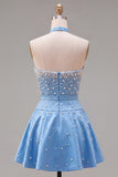 Blue Sweetheart Pearl A Line Short Homecoming Dress with Choker