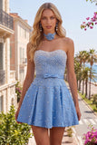 Blue Sweetheart Pearl A Line Short Homecoming Dress with Choker