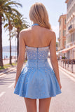 Blue Sweetheart Pearl A Line Short Homecoming Dress with Choker