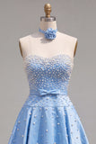 Blue Sweetheart Pearl A Line Short Homecoming Dress with Choker