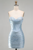 Strapless Grey Blue Corset Bodycon Pearl Beaded Homecoming Dress