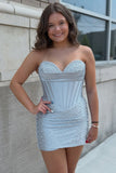 Strapless Grey Blue Corset Bodycon Pearl Beaded Homecoming Dress