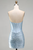 Strapless Grey Blue Corset Bodycon Pearl Beaded Homecoming Dress