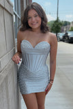 Strapless Grey Blue Corset Bodycon Pearl Beaded Homecoming Dress