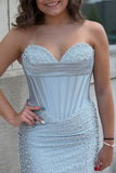 Strapless Grey Blue Corset Bodycon Pearl Beaded Homecoming Dress