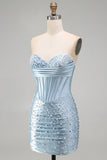 Strapless Grey Blue Corset Bodycon Pearl Beaded Homecoming Dress