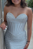 Strapless Grey Blue Corset Bodycon Pearl Beaded Homecoming Dress