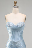 Strapless Grey Blue Corset Bodycon Pearl Beaded Homecoming Dress