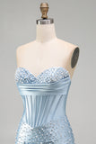 Strapless Grey Blue Corset Bodycon Pearl Beaded Homecoming Dress