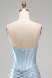 Strapless Grey Blue Corset Bodycon Pearl Beaded Homecoming Dress