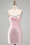 Corset Strapless Bodycon Beaded Pearl Pink Homecoming Dress with Rhinestone