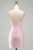 Corset Strapless Bodycon Beaded Pearl Pink Homecoming Dress with Rhinestone