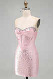 Corset Strapless Bodycon Beaded Pearl Pink Homecoming Dress with Rhinestone