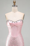 Corset Strapless Bodycon Beaded Pearl Pink Homecoming Dress with Rhinestone