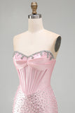 Corset Strapless Bodycon Beaded Pearl Pink Homecoming Dress with Rhinestone