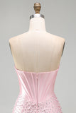 Corset Strapless Bodycon Beaded Pearl Pink Homecoming Dress with Rhinestone