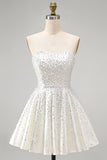 White Strapless A Line Pearl Short Homecoming Dress with Beading