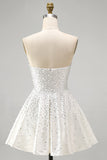 White Strapless A Line Pearl Short Homecoming Dress with Beading