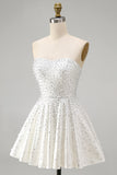 White Strapless A Line Pearl Short Homecoming Dress with Beading