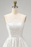 White Strapless A Line Pearl Short Homecoming Dress with Beading