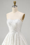 White Strapless A Line Pearl Short Homecoming Dress with Beading