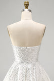White Strapless A Line Pearl Short Homecoming Dress with Beading