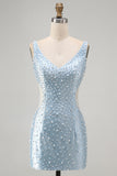 Blue V Neck Cut Out Bodycon Pearl Homecoming Dress with Beading