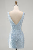 Blue V Neck Cut Out Bodycon Pearl Homecoming Dress with Beading