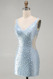 Blue V Neck Cut Out Bodycon Pearl Homecoming Dress with Beading