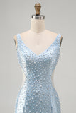 Blue V Neck Cut Out Bodycon Pearl Homecoming Dress with Beading