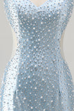 Blue V Neck Cut Out Bodycon Pearl Homecoming Dress with Beading