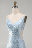 Blue V Neck Cut Out Bodycon Pearl Homecoming Dress with Beading