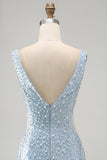 Blue V Neck Cut Out Bodycon Pearl Homecoming Dress with Beading