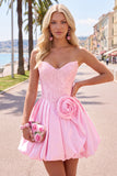 Pink Strapless 3D Flower A Line Corset Homecoming Dress
