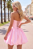 Pink Strapless 3D Flower A Line Corset Homecoming Dress