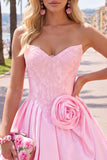Pink Strapless 3D Flower A Line Corset Homecoming Dress