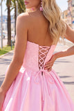 Pink Strapless 3D Flower A Line Corset Homecoming Dress