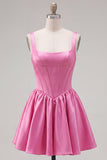 Green A Line Square Neck Corset Satin Homecoming Dress