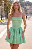 Green A Line Square Neck Corset Satin Homecoming Dress