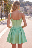 Green A Line Square Neck Corset Satin Homecoming Dress