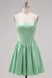 Green A Line Square Neck Corset Satin Homecoming Dress