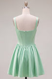 Green A Line Square Neck Corset Satin Homecoming Dress