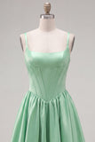 Green A Line Square Neck Corset Satin Homecoming Dress