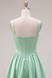Green A Line Square Neck Corset Satin Homecoming Dress