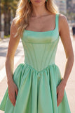 Green A Line Square Neck Corset Satin Homecoming Dress